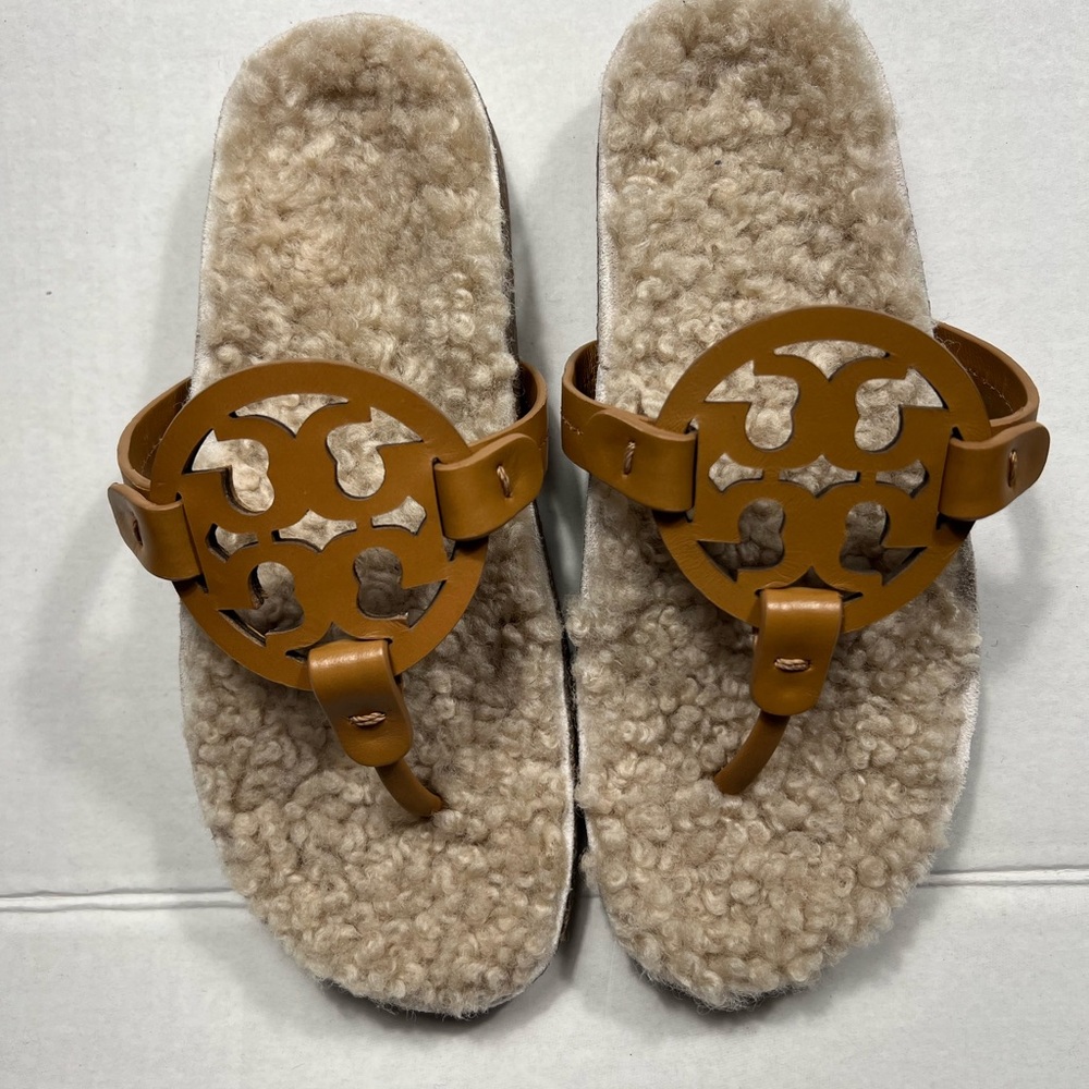 Tory Burch MILLER CLOUD Sandal Cork Shearling Brown Size: 5